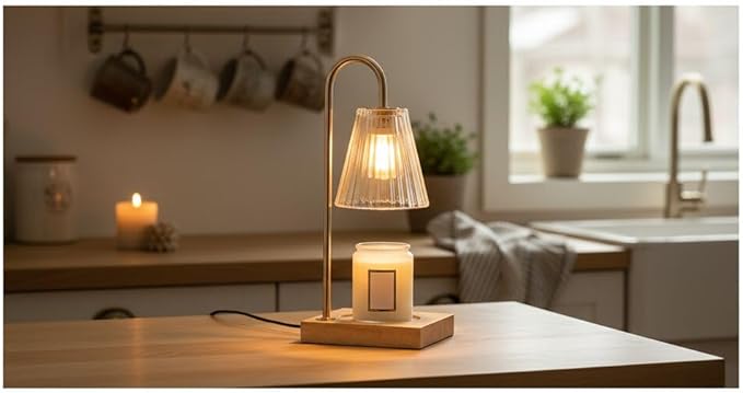 Mikasa Electric Candle Warmer with Amber Glass Shade - 13.8 Inch Lamp Warmer with Wooden Base, 50 Watt Halogen Bulb Included, Dimmer Switch, Safe Flameless Fragrance for Home Décor