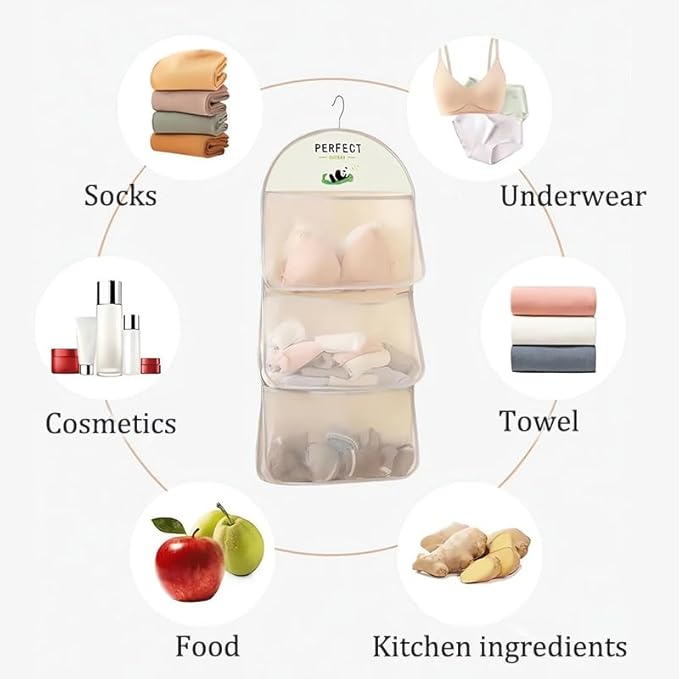MIUPOO Multi Purpose Multi Layer Mesh Storage Hanging Bag,Hanging Storage with Metal Hanger Mesh Pockets for Bra Underwear Socks,Pockets Hang Store Bag for Door Wall Closet