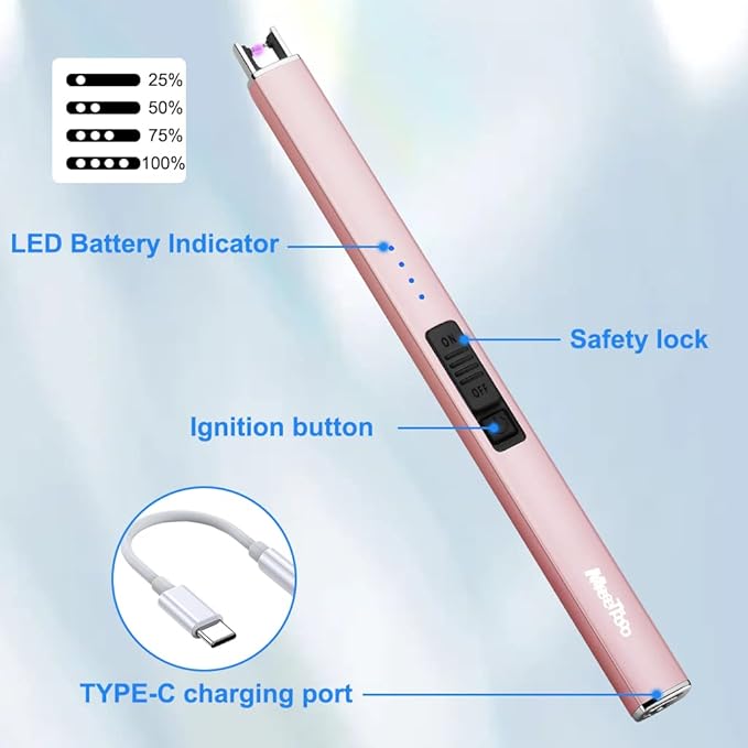 MeeToo Electric Candle Lighter Rechargeable Type-C - Gifts for Wife Men Women Nana, USB Plasma Arc Windproof Lighters for Candle Christmas Camping Kitchen Rose Gold