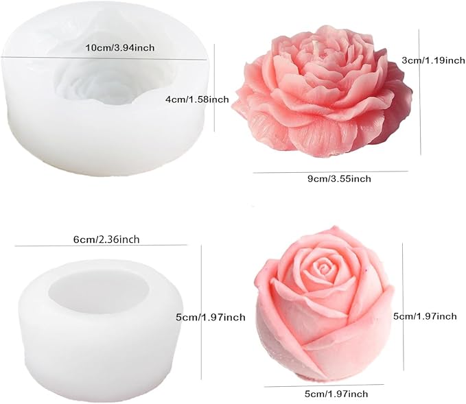 2Pcs Candle Molds for Candle Making Flowers Candle Molds Roses 2.16 inch Peonies 3.94 inch