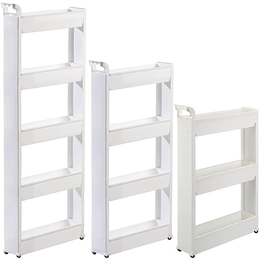 Miles Kimball Slim Storage Cart with 3 Baskets/Shelves and Rolling Casters for Kitchen, Laundry, and Small Space Storage, Durable Plastic - Measures 21" Long x 5" Wide x 28 1/4" High