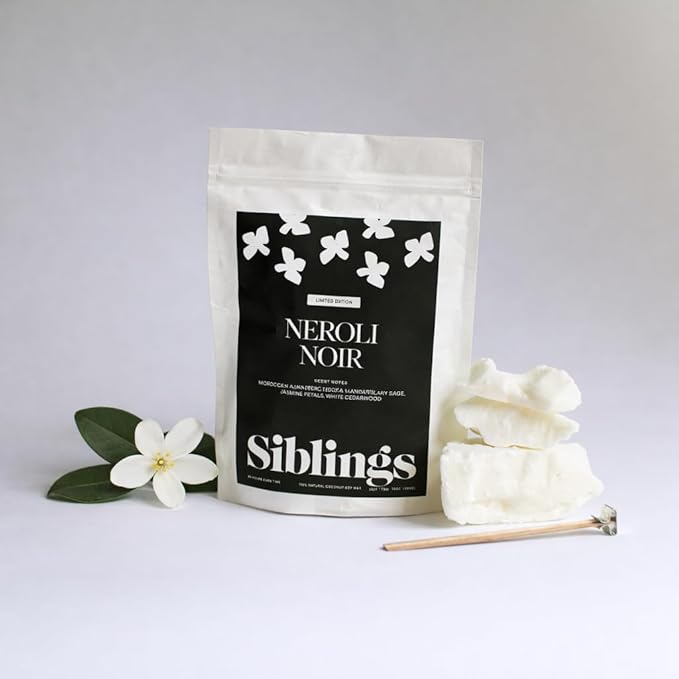 Siblings Candle Refill Kit – DIY Coconut Soy Wax Candle Making Kit for Reusable Vessels – Wooden Wick – Scent Neroli Noir: Neroli, Amber, Sandalwood – 60 Hour Burn