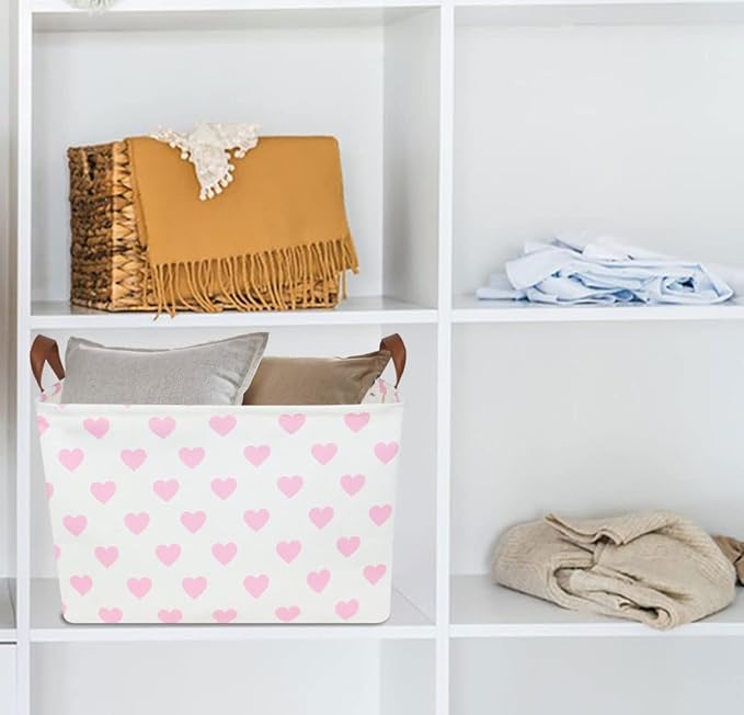 Rectangle Pink Heart Gift Basket,Storage Basket for Girls, Room Decor, Books Shelf Baskets (Pink Heart)