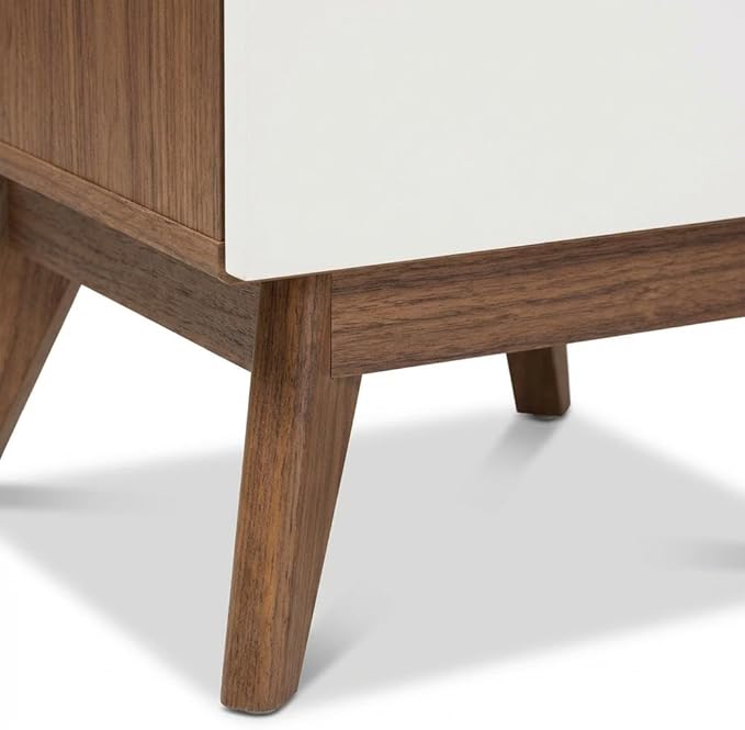 Furnifact White Mid-Century Modern Nightstand, Walnut Accents, 3 Spacious Drawers, Durable Construction, Easy Care, Single Piece Bedroom Storage Solution