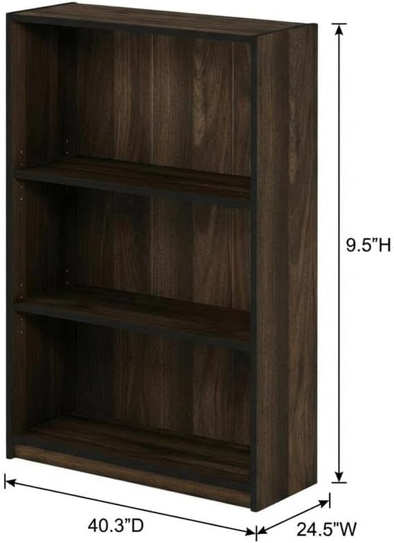 Furnifact Walnut 3-Tier Adjustable Shelf Bookcase, Durable Wood, Versatile Storage, Stylish, Ideal for Home or Office