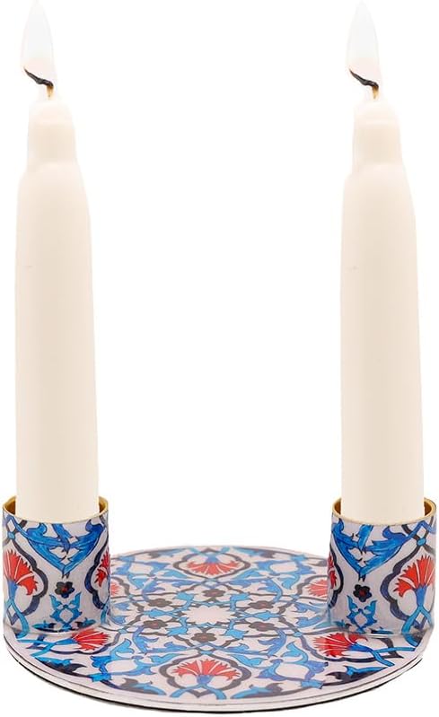 Yair Emanuel Flat Plate Candle Holders for Shabbat 4 Inch Vibrant Pattern Design Modern Judaica Gift (CSE-8 Tile Pattern)