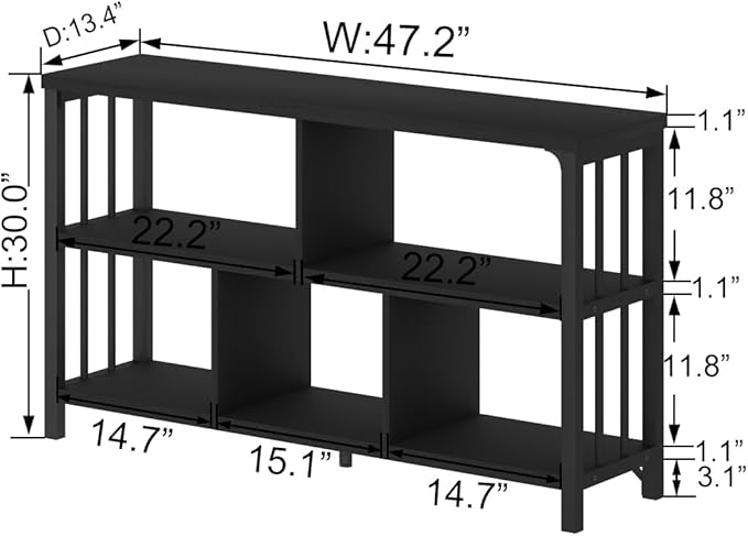 IBF Horizontal Cube Book shelf, Industrial Modern Open Bookshelf, Low Wide Home 5 Cube Storage Organizer Long Shelf for Bedroom, Short Wood and Metal Cubby Book Shelf for Living Room, Black Oak, 47 In