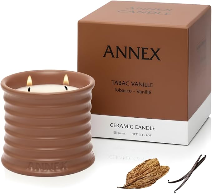Annex Tobacco, Vanilla & Amber Luxury Scented Candle - 8oz Handmade Ceramic Jar Candle - 50hr Clean Burn, 100% Non-Toxic Soy Wax, Aesthetic Home Decor Winter Gift for Men & Women - Oud & Sandalwood