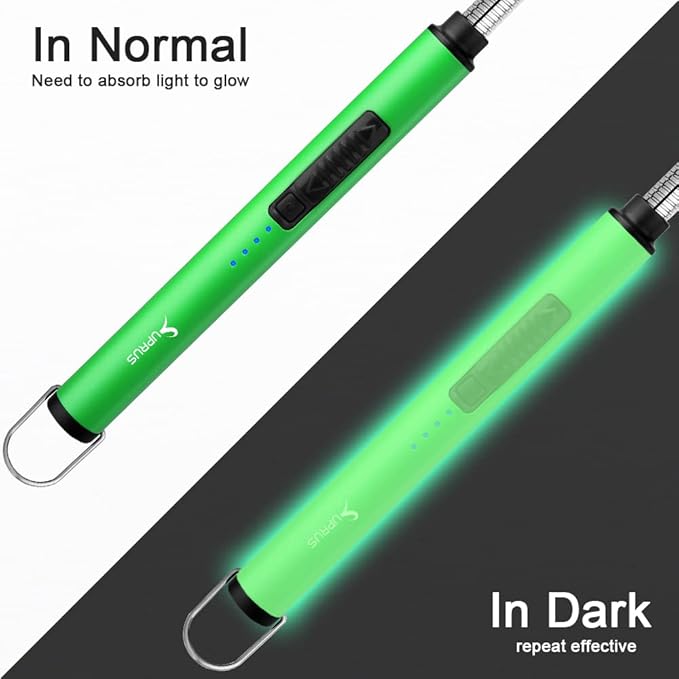 SUPRUS Fluorescent Lighter Glows in The Dark 360°Flexible Neck USB Rechargeable Windproof Triple Safety for Candle Cooking BBQ in Party (Green)