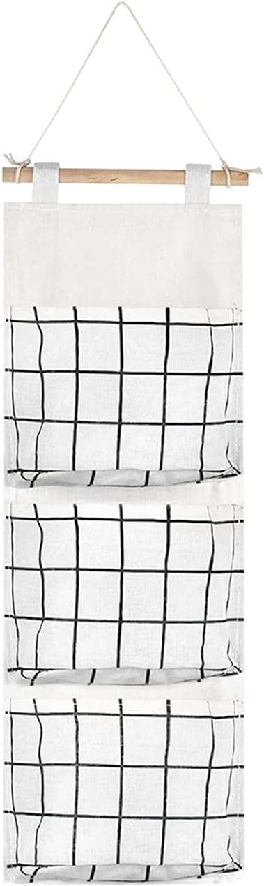 FuninCrea Linen Fabric Hanging Organizer, Waterproof Wall Storage Bag with 3 Pockets, Space Saving Hanging Wall Organizer for Living Room, Bedroom, Bathroom (White)