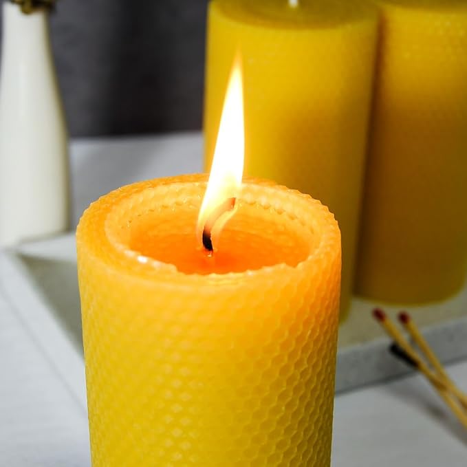 3PCS Beeswax Pillar Candles,Large Handmade Pure Beeswax Rolled Candle,Unscented & Dripless & Smokeless,3 * 6"