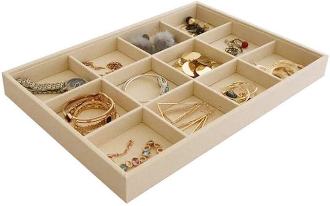 Large Stackable Jewelry Display Tray Case Organizer Premium Velvet Soft Light Beige Home Store Sales Shows (12 Grid)