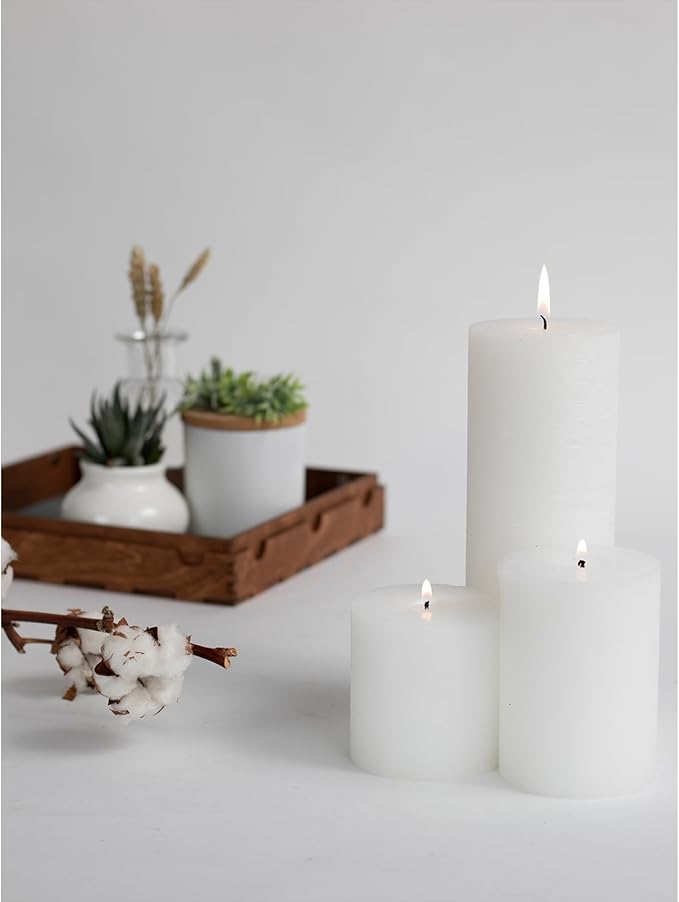 CANDWAX Assorted Pillar Candles Set of 3 – Sizes 3", 4", 8" Unscented Dripless Large Candles, Rustic Finish for Events, Weddings, Home Decor – White