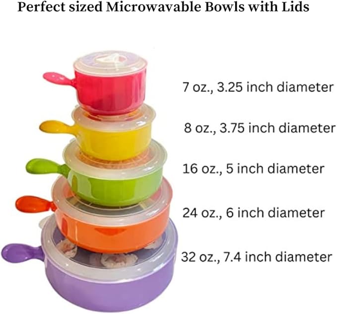 Evelots Microwave Freezer Safe Bowls - 10 Piece Set - With Vented Lids and Handles - Soup Bowls, Ramen, Cookware, Food Container Microwave Safe - BPA Free Plastic