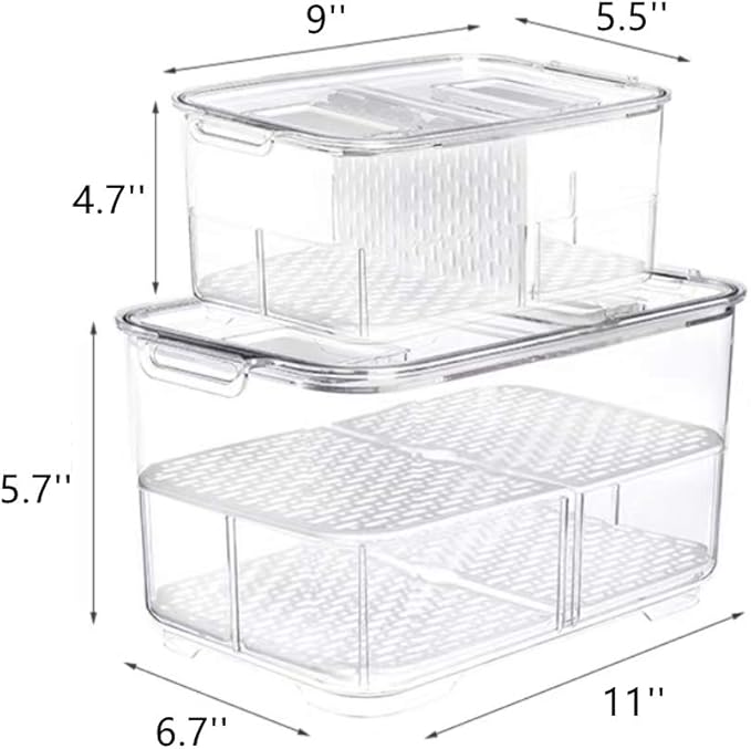 Slideep Food Storage Containers, 2 Tier Stackable Fridge Produce Saver with Lids, Removable Drain Tray Drawers Refrigerator Produce Keeper with Strainer for Veggie, Berry, Fruits, Vegetables 4 Pack