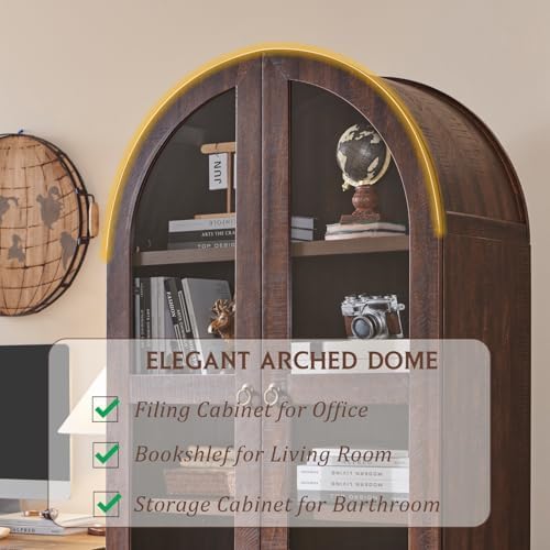 IFBUY 71" Tall Arched Bookshelf, 4-Tier Bookcase with Glass Doors and Shelves, Wooden Display Cabinet w/2 Large Storage Drawers, Modern Farmhouse Versatile Bookshelf for Living Room, Bedroom, Brown