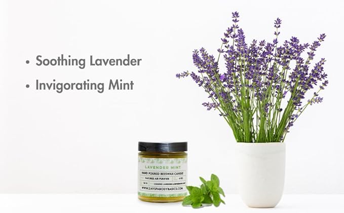 Lavender Mint Hand-Poured Beeswax Candle - All-Natural Essential Oil Scented, Cotton Braided Wick, Smokeless, Non-Toxic Handmade in USA by DAYSPA Body Basics
