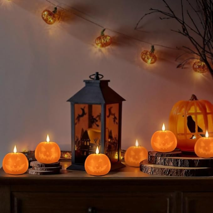 Rechargeable Flameless Candle, Flameless Pumpkin Candle with Timer & Remote,LED Real Wax Pumpkin LED Candles,Halloween Decorations, 1 Set of 2