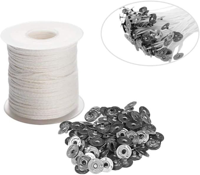 Natural Cotton Candle Wick Core 200ft Roll With 100 Metal Sustainers Tabs - Soy Wax Wicks DIY Craft Candle Making Supplies Kit