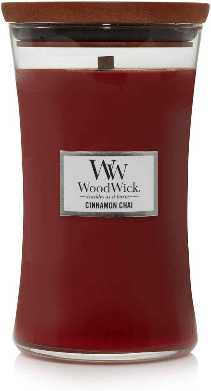 WoodWick Cinnamon Chai Holiday Candle Gifts for Women and Men, 21.5 oz Large Hourglass Candle with Crackling Wick
