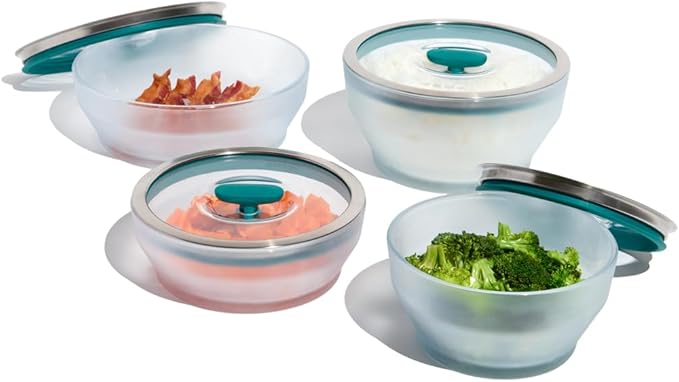 Anyday 8-Pc Microwave Cookware & Glass Food Storage Set with Glass Lids | Plastic-Free Containers | Stackable Airtight Steamer with Vented Lid for Microwave-Safe Reheating & Steaming Vegetables, Rice