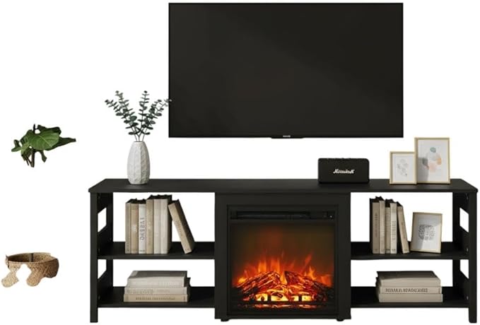 Furnifact Americano Wood TV Stand with Fireplace, Modern Design, Sturdy Construction, Spacious Storage, 70-Inch Wide, Living Room Entertainment Center
