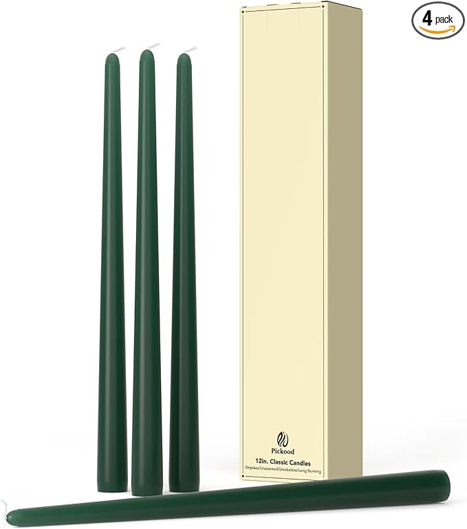 12-Inch Tall Dripless Taper Candles Set of 4 - Dark Green Tapered Candles, Perfect for Christmas - Smokeless, Unscented, Long Burning - Hand Poured, Colored Tall Candlesticks - Hunter Green