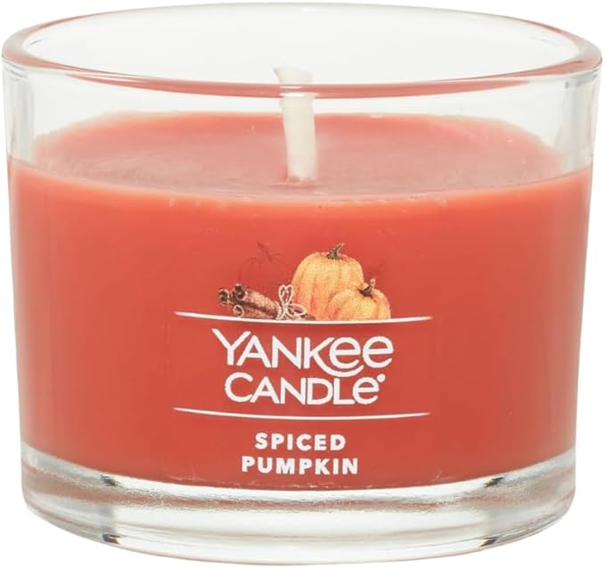 Yankee Candle Signature Votive Mini Candle Jar, Spiced Pumpkin Scent, Natural Soy Wax Blend Candle with Natural Fiber Wick, 1.3 OZ Glass Jar (Pack of 4)