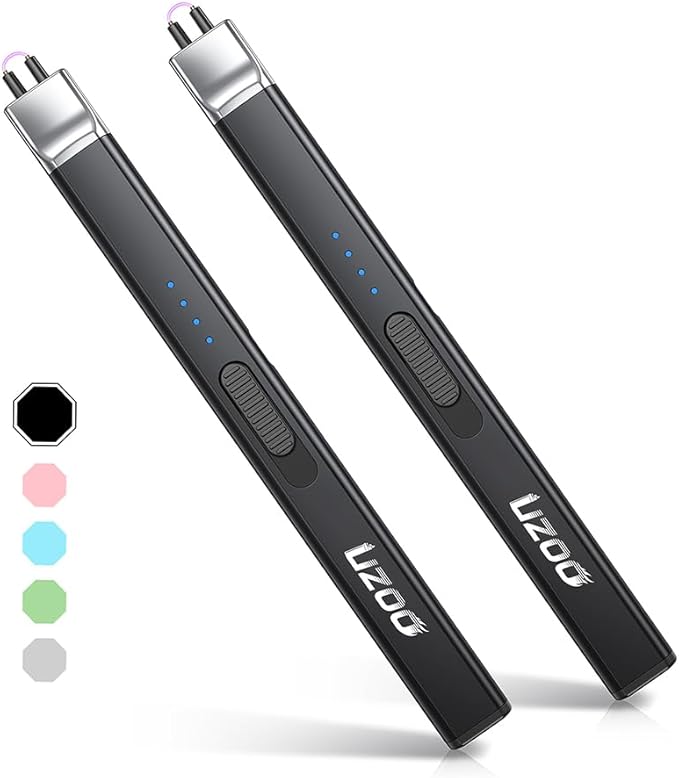 2 PCS Long Lighter, Candle Lighters Electric Lighter, Rechargeable Arc with LED Display, Lighters for Candle Aromatherapy Camping BBQ Gas Stoves-Deep Black
