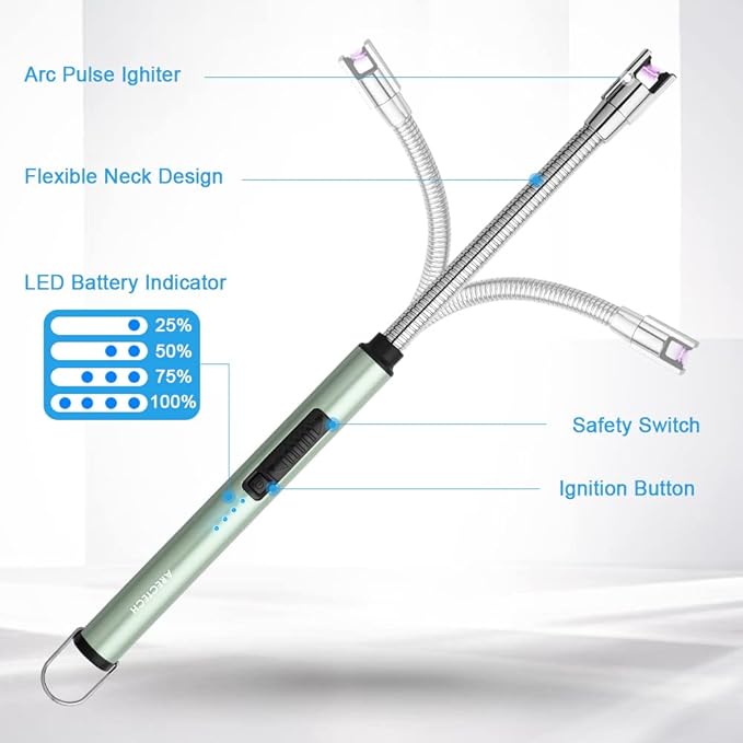 ARECTECH Electric Arc Candle Lighter Flameless Rechargeable USB Long Lighters for Candle Cooking BBQs Fireworks Green