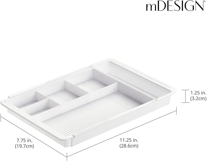 mDesign Expandable Plastic Drawer Organizer and Storage Container for Office Supplies - Gel Pen Pencil, Marker, Stationary, Desk Supply Holder for Drawers and Desktop - Lumiere Collection - White