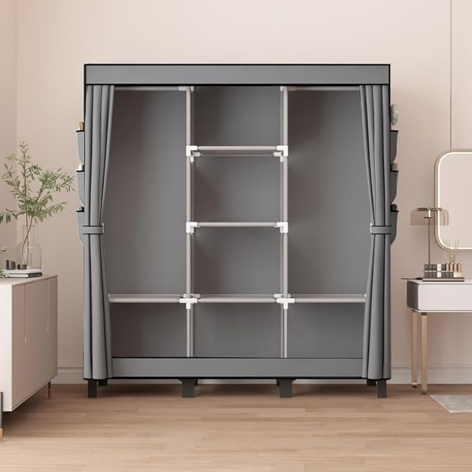 Portable Wardrobe, Easy Hanging Closet 6 Side Pockets Large Capacity Clothes Organizer Comes with 2 Hanging Poles and Shelves, Width 130cm, Depth 45cm, Height 172cm (Grey)