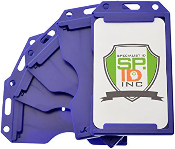 5 Pack - Heavy Duty 2-Sided Rigid Multi Card Holder - Hard Plastic Vertical ID Badge Holders for 2 Standard or Thick Prox Cards, Fuel Card, CAC, Work Badge, or Credit Cards by Specialist ID (Blue)
