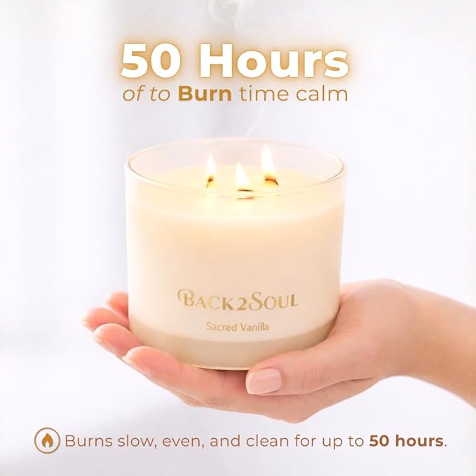 Non Toxic Candles 13.4 oz 50 Hours Burn Time, Scented Soy Candles, Clean Burning, Safe Non Toxic Design (Sacred Vanilla)