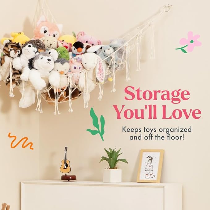 Lilly's Love Stuffed Animal Storage Macrame Hammock, Large - Boho Room Decor Toy Storage - Corner Hanging Plushie Stuffed Animal Net Organizer (White)