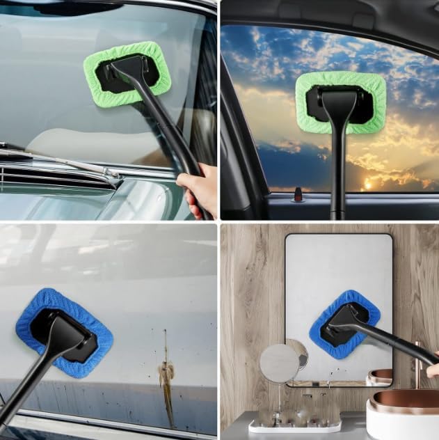 IBHOO Windshield Cleaning Tool, Microfiber Car Window Cleaner with 4 Reusable and Washable Microfiber Pads and Extendable Handle
