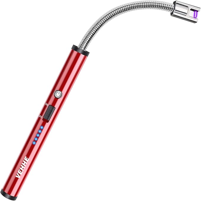 VEHHE Lighter, Rechargeable Candle Lighter Camping Lighters with Safety Switch Flexible Neck LED Battery Display, Arc Long Lighters for Candle Cooking BBQs Fireworks