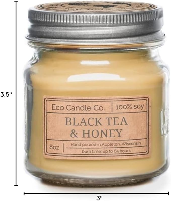 ECO CANDLE CO. Mason Jar Candle, Black Tea & Honey, 8 oz. - Scents of Spicy Tea, Nutmeg, Honey, & Orange - 100% Soy Wax, No Lead, Kraft Label & Antiqued Pewter Lid, Hand Poured, Midwest Soybeans