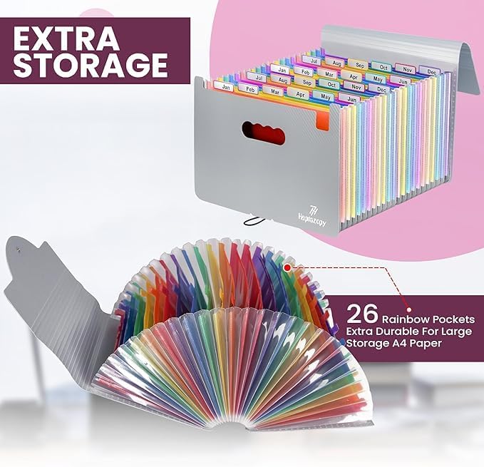 Plastic Accordion File Organizer, 26 Pockets Expandable File Folder Organizer, A4 Letter Size Filing Organizer with Colorful Tabs, Elastic Cord, 60 Paper Clip, Label & Stickers for Office School Home