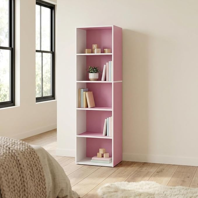 Furnifact White and Pink 5-Tier Reversible Color Open Shelf Bookcase, Durable Storage Organizer, Modern Design, Versatile, Easy Assembly
