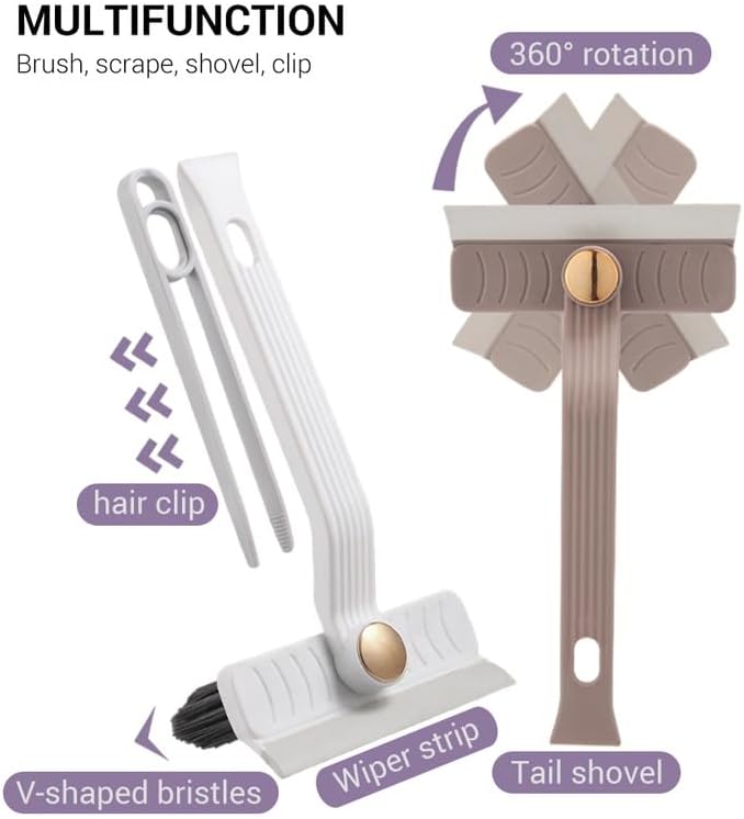 Multi-Function Rotating Crevice Cleaning Brush with Scraper, 360 Degree Rotating No Dead Corners Hard Bristle Crevice Gap Brush Tool for Bathroom Household Kitchen (White)