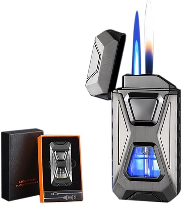 Voice Activated Windproof Dual Flame Lighter, USB Rechargeable Arc Lighter,Jet Flame and Soft Flame, Visible Transparent Window, Refillable Butane Lighter, Cool Lighters Gift for Men(Chrome)