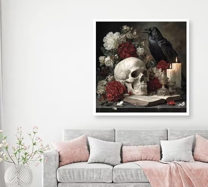 Diamond Art Kits for Adults Skeleton Diamond Painting Kit Candle, DIY Crafts for Adults 5D Full Square Drill Gem Art Embroidery Painting Kit for Home Wall Decor, Birthday Girl 15.8x15.8 inch Q-7S31
