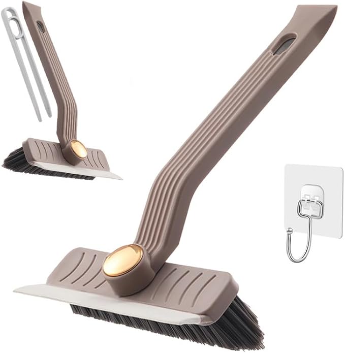 Multi-Function Rotating Crevice Cleaning Brush with Scraper, 360 Degree Rotating No Dead Corners Hard Bristle Crevice Gap Brush Tool for Bathroom Household Kitchen (Khaki)