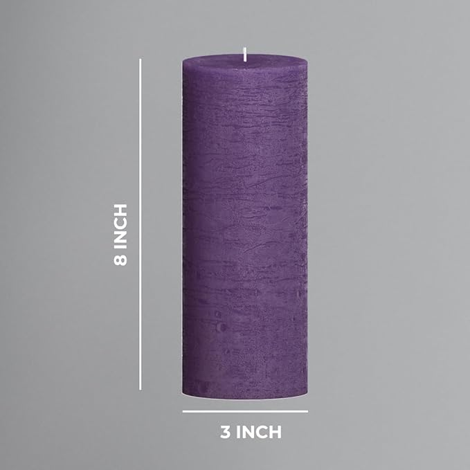 CANDWAX Purple Pillar Candles 3x8 Inch – Set of 2 Unscented Dripless Large Candles, Rustic Finish for Weddings, Events, Interior Styling