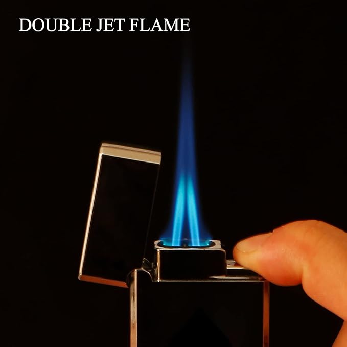 Yeuligo 2 Pack Double Flame Torch Lighter Butane Refillable,Classic Pocket Ace Lighters with Visible Window,Adjustable Jet Torch Lighter,Butane Lighter for Men and Women,Without Butane(Ace Silver)