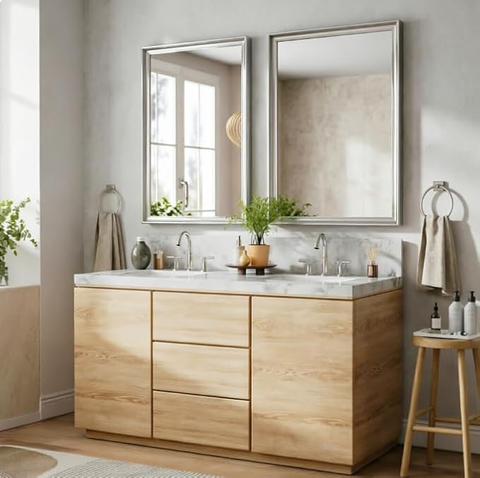 USHOWER Brushed Nickel Bathroom Mirrors for Over Sink 24x36 Inch, Metal Framed Rectangle Vanity Mirror for Wall, Bedroom, Living Room, Entryway, Anti-Rust, HD Tempered Glass, Horizontal/Vertical