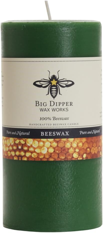 Big Dipper Wax Works Moss Green Pillar Candle, 90-Hour Long Burn, Pure Beeswax Candle, 3" x 6”