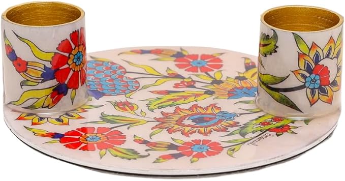 Yair Emanuel Flat Plate Candle Holders for Shabbat 4 Inch Vibrant Pattern Design Modern Judaica Gift (CSE-7 Pomegranates 2)
