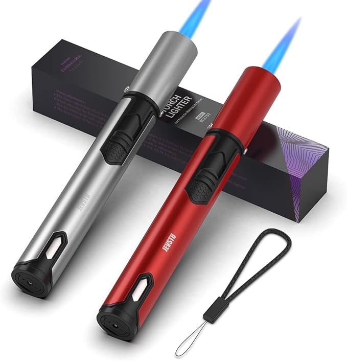 2 Pack Torch Lighter with Fuel Level Window, Adjustable Fire Jet Torch Windproof Lighter Long for Grill Cooking Candle, Red & Silver